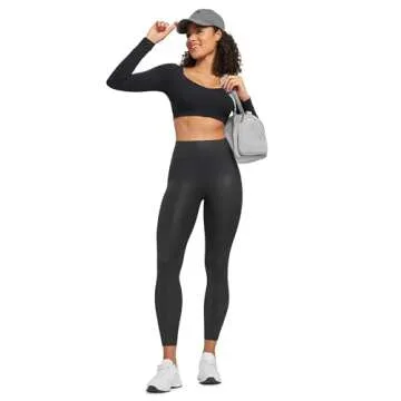 CRZ YOGA Butterluxe Women Matte Faux Leather Leggings with Back Pockets 25" - High Waist Stretch Pleather Pants Tights Black Foil Pattern Medium