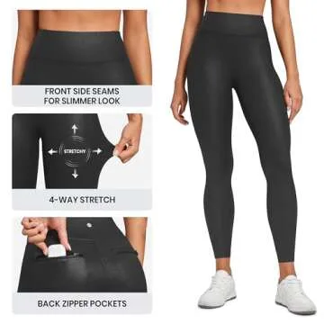 CRZ YOGA Butterluxe Women Matte Faux Leather Leggings with Back Pockets 25" - High Waist Stretch Pleather Pants Tights Black Foil Pattern Medium