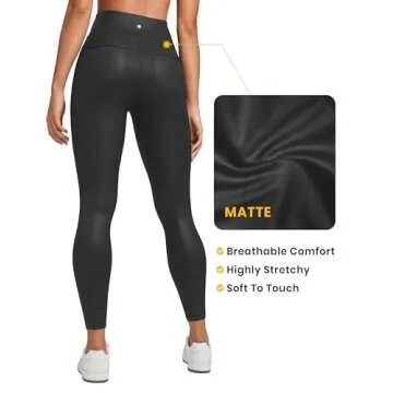 CRZ YOGA Butterluxe Women Matte Faux Leather Leggings with Back Pockets 25" - High Waist Stretch Pleather Pants Tights Black Foil Pattern Medium
