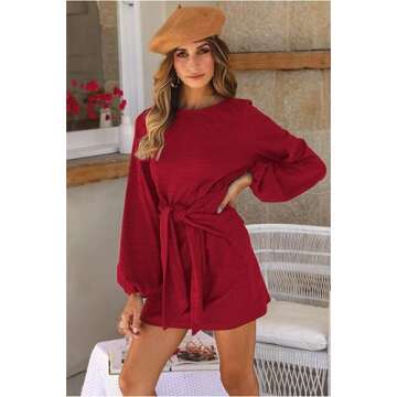 PRETTYGARDEN Women's Elegant Long Lantern Sleeve Short Dress Crewneck Tie Waist Knit Cocktail Dress ...