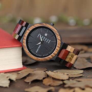 BOBO BIRD Natural Wood Watch Colorful Mens Wooden Watches Week & Date Display Japanese Quartz Moveme...