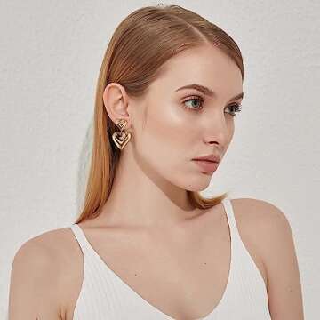 WOWORAMA Gold Heart Clip On Earrings for Women Polished Love Heart Clip On Earrings Double Heart Clip Drop Earings Heart Statement Clip On Valentines Earrings