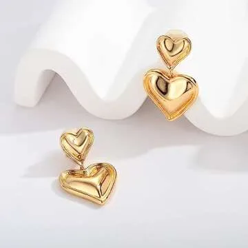 WOWORAMA Gold Heart Clip On Earrings for Women Polished Love Heart Clip On Earrings Double Heart Clip Drop Earings Heart Statement Clip On Valentines Earrings