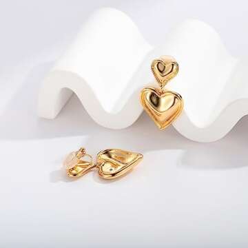 WOWORAMA Gold Heart Clip On Earrings for Women Polished Love Heart Clip On Earrings Double Heart Clip Drop Earings Heart Statement Clip On Valentines Earrings