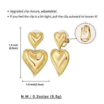 WOWORAMA Gold Heart Clip On Earrings for Women Polished Love Heart Clip On Earrings Double Heart Clip Drop Earings Heart Statement Clip On Valentines Earrings