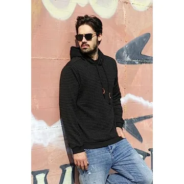 COOFANDY Hooded Sweatshirts for Men Long Sleeve Fashion Hooded Sweatshirt Gym Athletic Hoodies Solid Plaid Jacquard Pullover Black