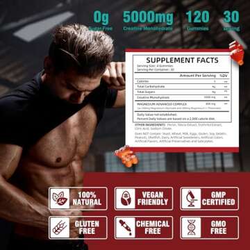 VIFSSG Creatine Monohydrate Gummies 5 g for Men & Women, 120 Sugar Free Gummies with 200 Mg Magnesium Glycinate, 200 Mg L-Threonate for Muscle Support, Energy Boost