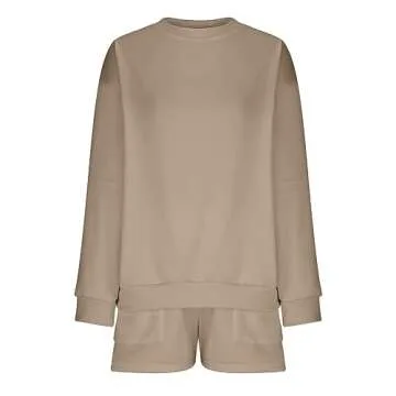 IEPOFG Women 2 Piece Outfits Sweatsuit 2024 Casual Oversized Active Sweatshirt Ladies Lounge Shorts Cozy Pajamas Tacksuit Set