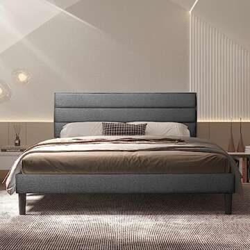BONSOIR Full Size Grey Color Modern Low Profile Upholstered Bed Frame with Tufted Headboard