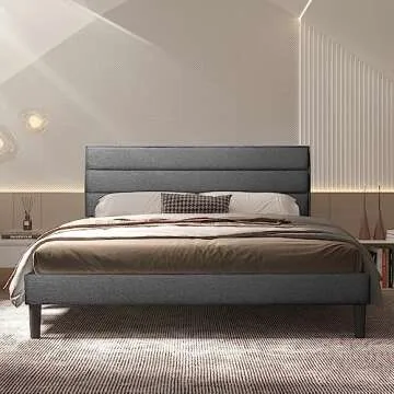 BONSOIR Full Size Grey Color Modern Low Profile Upholstered Bed Frame with Tufted Headboard