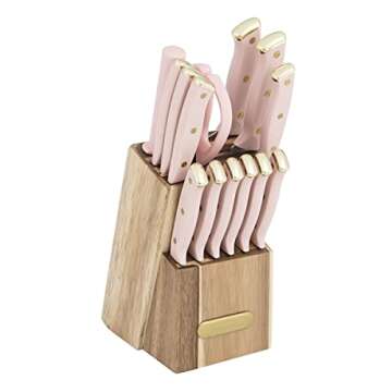 Farberware 15-Piece Triple Riveted Acacia Knife Block Set, High Carbon-Stainless Steel Kitchen Knives with Ergonomic Handles, Razor-Sharp Knife Set, Pink and Gold