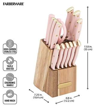 Farberware 15-Piece Triple Riveted Acacia Knife Block Set, High Carbon-Stainless Steel Kitchen Knives with Ergonomic Handles, Razor-Sharp Knife Set, Pink and Gold