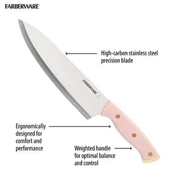 Farberware 15-Piece Triple Riveted Acacia Knife Block Set, High Carbon-Stainless Steel Kitchen Knives with Ergonomic Handles, Razor-Sharp Knife Set, Pink and Gold