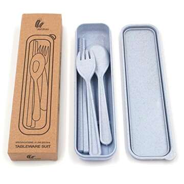 Honbay 3PCS Portable Cutlery Boreal Europe Style Wheat Straw Spoon Chopstick Fork Tableware set for Travel, Picnic, Camping or Just for Daily Use (Blue)