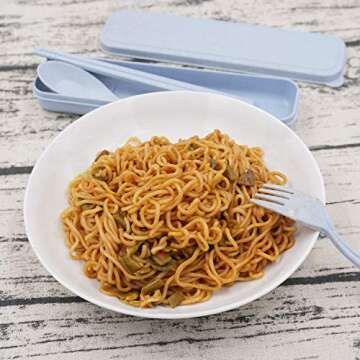 Honbay 3PCS Portable Cutlery Boreal Europe Style Wheat Straw Spoon Chopstick Fork Tableware set for Travel, Picnic, Camping or Just for Daily Use (Blue)