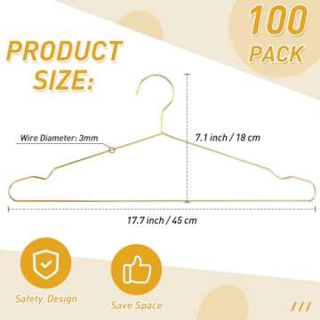 Wesiti 100 Pcs Stainless Steel Metal Hangers Wire Hangers for Clothes Strong Ultra Thin Space Saving Wire 17.7" Clothes Space for Coat Suit Bridal Boutique Dress Closet Dorm Clothing Rack(Gold)