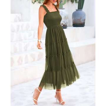 BTFBM Women's 2025 Summer Midi Dress Casual Sleeveless Square Neck Smocked Ruffle Tulle Party Weddin...