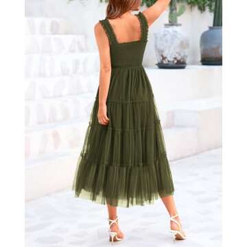 BTFBM Women's 2025 Summer Midi Dress Casual Sleeveless Square Neck Smocked Ruffle Tulle Party Wedding Guest Dresses