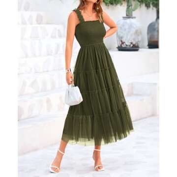 BTFBM Women's 2025 Summer Midi Dress Casual Sleeveless Square Neck Smocked Ruffle Tulle Party Wedding Guest Dresses