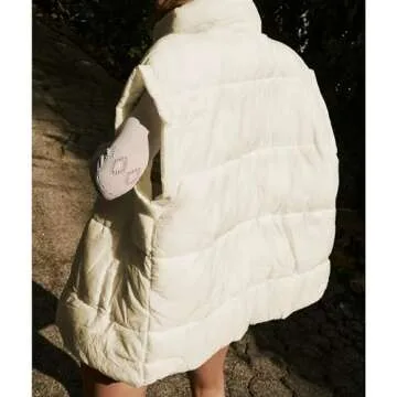 Ainangua Women's Puffer Vest Stand Collar Zipper Sleeveless Jackets Winter Lightweight Vests Warm Padded Jacket Coat(Beige,M)