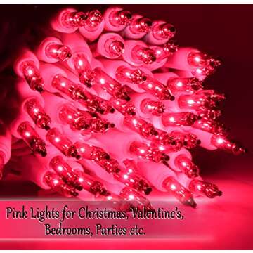 Pink Christmas Valentine's String Lights 100 Mini Incandescent Fairy Light Decor 20.6 Ft White Wire ...