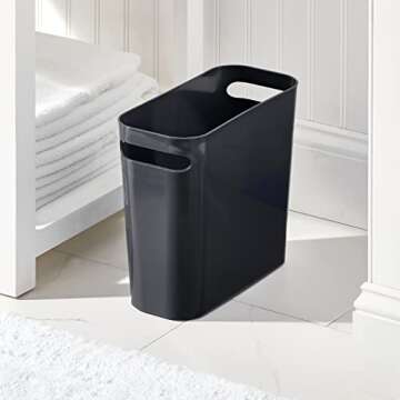 mDesign Plastic Small Trash Can, 1.5 Gallon/5.7-Liter Wastebasket, Narrow Garbage Bin with Handles for Bathroom, Laundry, Home Office - Holds Waste, Recycling, 10" High, Aura Collection, Black
