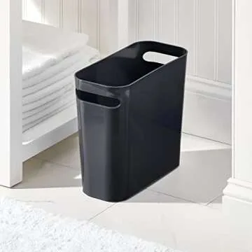 mDesign Plastic Small Trash Can, 1.5 Gallon/5.7-Liter Wastebasket, Narrow Garbage Bin with Handles for Bathroom, Laundry, Home Office - Holds Waste, Recycling, 10" High, Aura Collection, Black