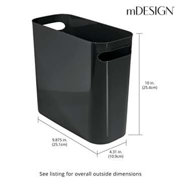 mDesign Plastic Small Trash Can, 1.5 Gallon/5.7-Liter Wastebasket, Narrow Garbage Bin with Handles for Bathroom, Laundry, Home Office - Holds Waste, Recycling, 10" High, Aura Collection, Black