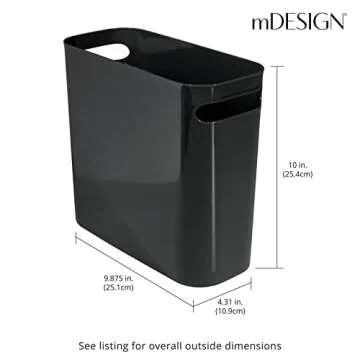 mDesign Plastic Small Trash Can, 1.5 Gallon/5.7-Liter Wastebasket, Narrow Garbage Bin with Handles for Bathroom, Laundry, Home Office - Holds Waste, Recycling, 10" High, Aura Collection, Black