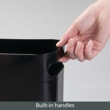 mDesign Plastic Small Trash Can, 1.5 Gallon/5.7-Liter Wastebasket, Narrow Garbage Bin with Handles for Bathroom, Laundry, Home Office - Holds Waste, Recycling, 10" High, Aura Collection, Black