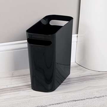 mDesign Plastic Small Trash Can, 1.5 Gallon/5.7-Liter Wastebasket, Narrow Garbage Bin with Handles for Bathroom, Laundry, Home Office - Holds Waste, Recycling, 10" High, Aura Collection, Black