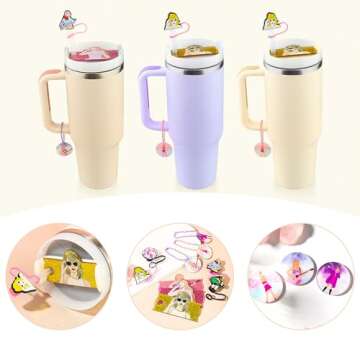 10 Pcs Stanley Cup Accessories Set, 4 Pcs Stanley Straw Covers(9-12mm)+3 Pcs Stanley Name Plate Lids for 40 oz +3 Pcs Stanley Charms for Handle Stanley Popular Singer Tumbler Decorations (Singer)