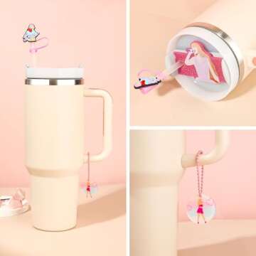 10 Pcs Stanley Cup Accessories Set, 4 Pcs Stanley Straw Covers(9-12mm)+3 Pcs Stanley Name Plate Lids for 40 oz +3 Pcs Stanley Charms for Handle Stanley Popular Singer Tumbler Decorations (Singer)