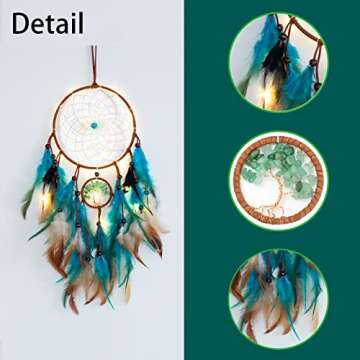 Dream Catcher Blue Tree of Life with Feathers, Mobile LED Fairy Lights Handmade Indians Traditional ...