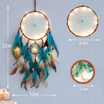 Dream Catcher Blue Tree of Life with Feathers, Mobile LED Fairy Lights Handmade Indians Traditional Circular Net for Wall Hanging Decor, Bedroom Kids, Home Decoration Wedding Party Blessing Gift