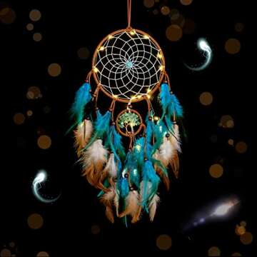 Dream Catcher Blue Tree of Life with Feathers, Mobile LED Fairy Lights Handmade Indians Traditional Circular Net for Wall Hanging Decor, Bedroom Kids, Home Decoration Wedding Party Blessing Gift