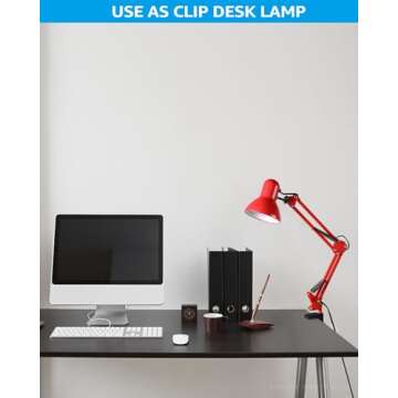 TORCHSTAR Metal Swing Arm Architect Desk Lamp with Clamp, Adjustable Gooseneck Table Lamp, Clip Desk Lights for Home Office, Work, Study, Reading, E26 Base, Multi-Joint, Red