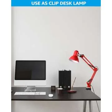 TORCHSTAR Metal Swing Arm Architect Desk Lamp with Clamp, Adjustable Gooseneck Table Lamp, Clip Desk Lights for Home Office, Work, Study, Reading, E26 Base, Multi-Joint, Red