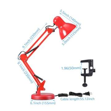 TORCHSTAR Metal Swing Arm Architect Desk Lamp with Clamp, Adjustable Gooseneck Table Lamp, Clip Desk Lights for Home Office, Work, Study, Reading, E26 Base, Multi-Joint, Red