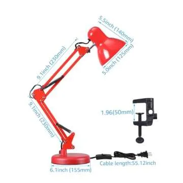 TORCHSTAR Metal Swing Arm Architect Desk Lamp with Clamp, Adjustable Gooseneck Table Lamp, Clip Desk Lights for Home Office, Work, Study, Reading, E26 Base, Multi-Joint, Red