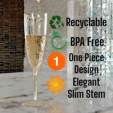 Oojami 6 Oz Gold Glitter Plastic Champagne Glasses - 24 Pack of Elegant Disposable Flutes for Celebr...