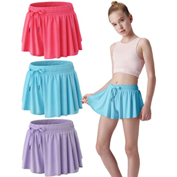 3 Pack Girls Flowy Shorts with Spandex Liner 2-in-1 Youth Butterfly Skirts for Fitness, Running, Spo...