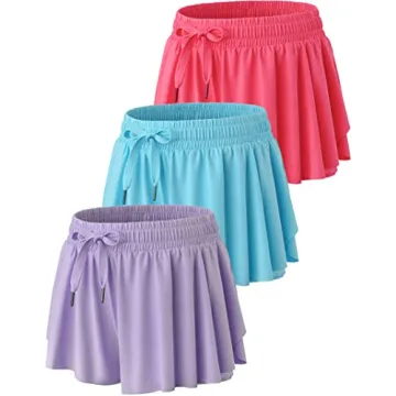 3 Pack Girls Flowy Shorts with Spandex Liner 2-in-1 Youth Butterfly Skirts for Fitness, Running, Sports (Set 4, Youth Medium)
