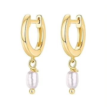 PAVOI 14K Gold Plated 925 Sterling Silver Post Huggie With Dangle | Small Gold Hinged Hoop Earrings For Women | Trendy Hoop CZ Huggie Earrings (Pearl, Yellow)