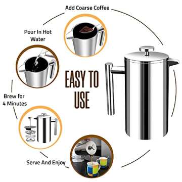 Utopia Kitchen Stainless Steel French Press Coffee Maker 32 Oz, French Press Tea Maker, Camping French Press Coffee Maker, Cold Brew Portable Travel Coffee Presses, Tea Press Gifts Silver