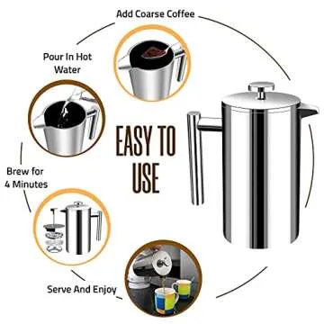 Utopia Kitchen Stainless Steel French Press Coffee Maker 32 Oz, French Press Tea Maker, Camping French Press Coffee Maker, Cold Brew Portable Travel Coffee Presses, Tea Press Gifts Silver