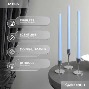 CANDWAX 12 inch Dripless Taper Candles Set of 12 - Baby Blue