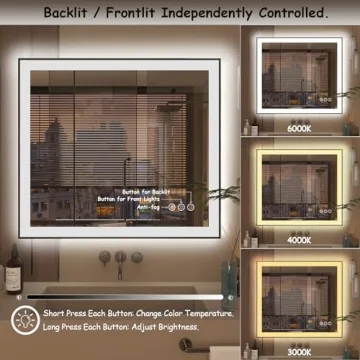 CHARMOR 40x36 Led Bathroom Mirror, Dimmable Framed Vanity Mirror with Lights, Backlit and Front Lighted Mirror for Wall, Anti-Fog, Memory (Horizontal/Vertical)