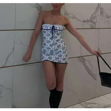 Argeousgor Women Y2k Off Shoulder Short Tube Dresses Strapless Open Back Mini Dress Pleated A-Line Dress Trendy Streetwear