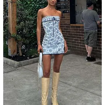 Argeousgor Women Y2k Off Shoulder Short Tube Dresses Strapless Open Back Mini Dress Pleated A-Line Dress Trendy Streetwear